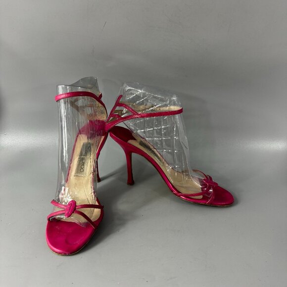 Jimmy Choo Hot Pink Leather Strappy Ankle Strap Heels, Size 37.5'' - Picture 1 of 14